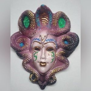 Marid Gras Serpent Facemask 6”x 7” hand painted ceramic wall plaque.